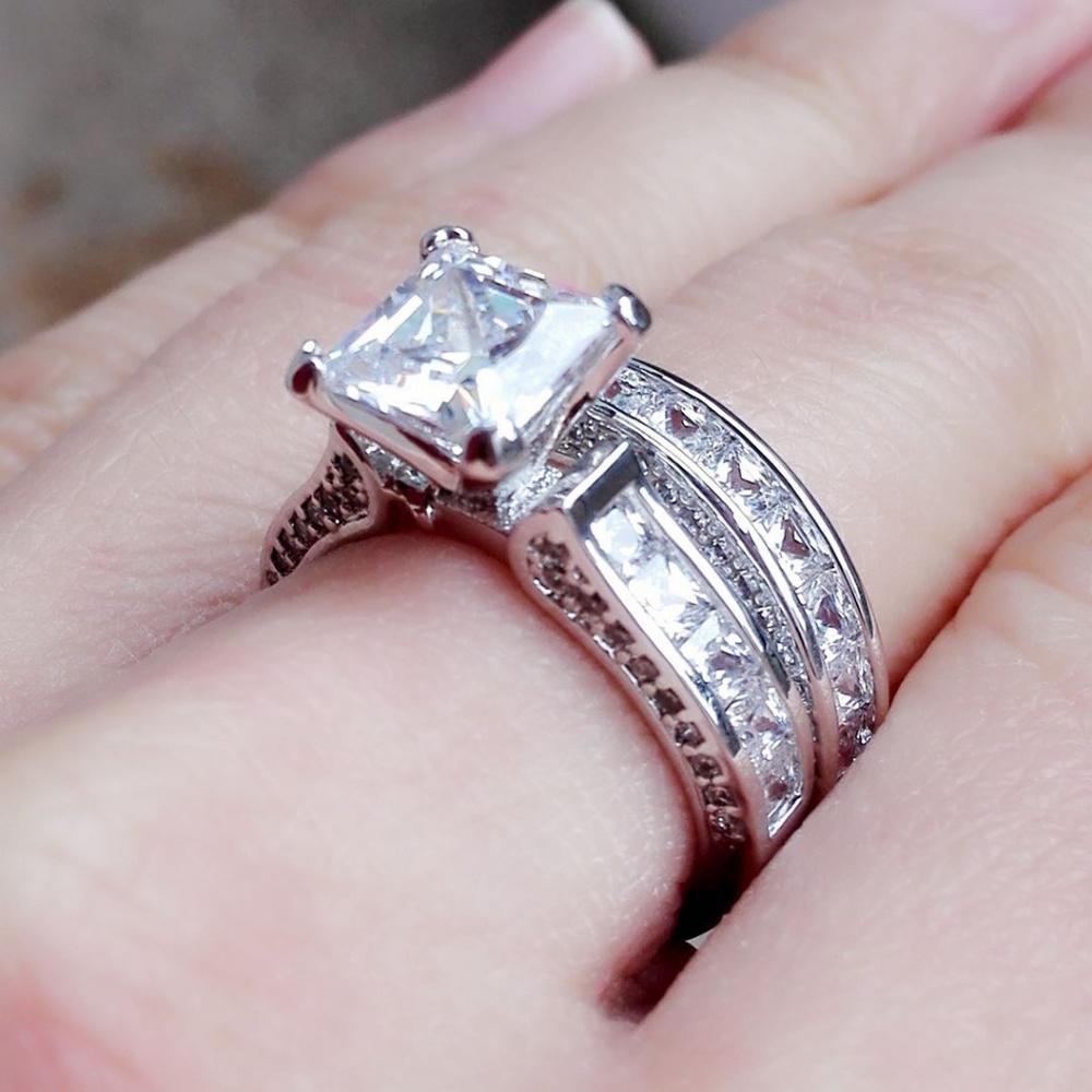 2PC 925 Sterling Silver Princess Cut Diamond Ring - Picture 2 of 6